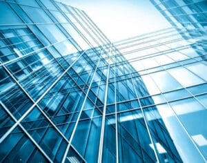 glass building banner