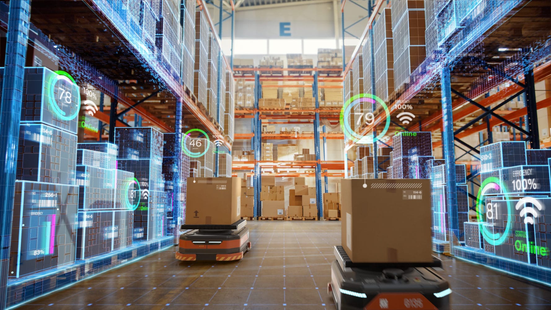 Future Technology 3D Concept: Automated Retail Warehouse AGV Rob RPA Robotic Process Automation