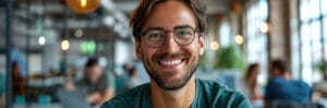 Man in a green t shirt and spectacles who is cheerful Generativ