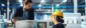 Photovoltaics factory engineer shows manager facility plans in CAD software