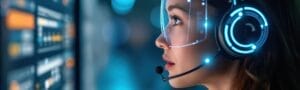 Futuristic female call center agent wearing glowing headset smart glasses Woman uses virtual reality technology to work with data and customer service AI tech support