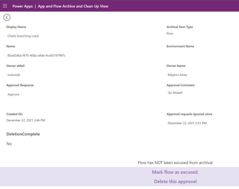 Figure 8 – App and Flow Archive and Clean Up view detail