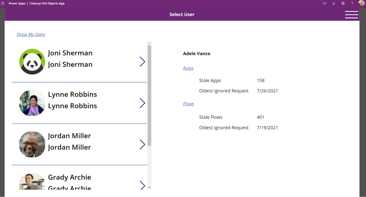 Figure 6 – Cleanup Old Objects App admin view – User selection