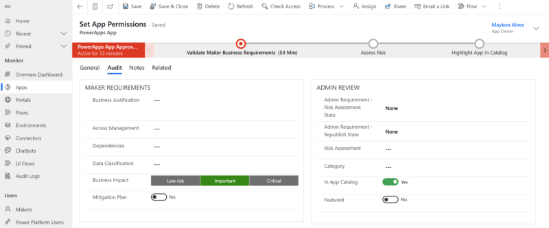 Figure 9 – Audit Process View – Enable App on catalog