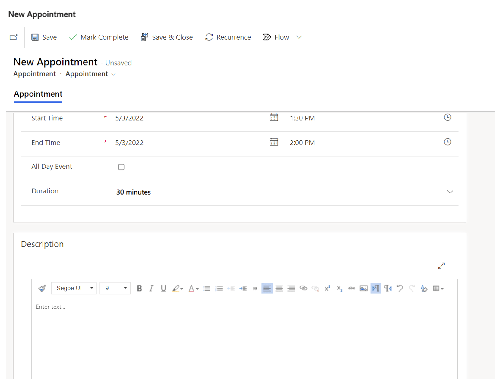 Fig 3: Appointment description supports rich text